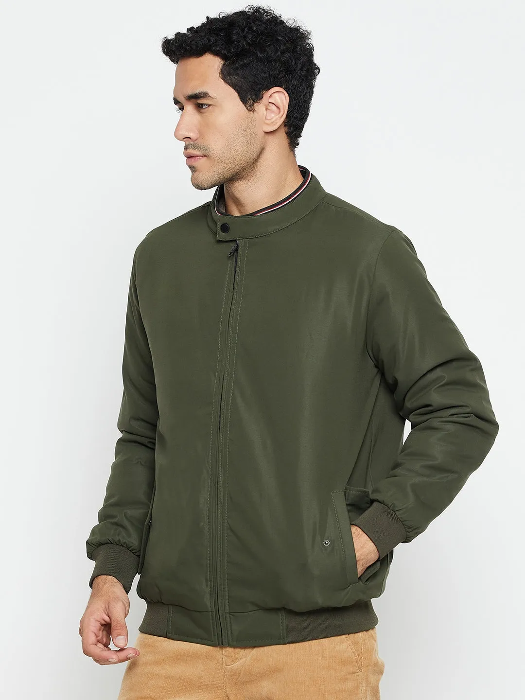 Solid Olive Full Sleeves Mock Collar Regular Fit Reversible Casual Jacket for Men