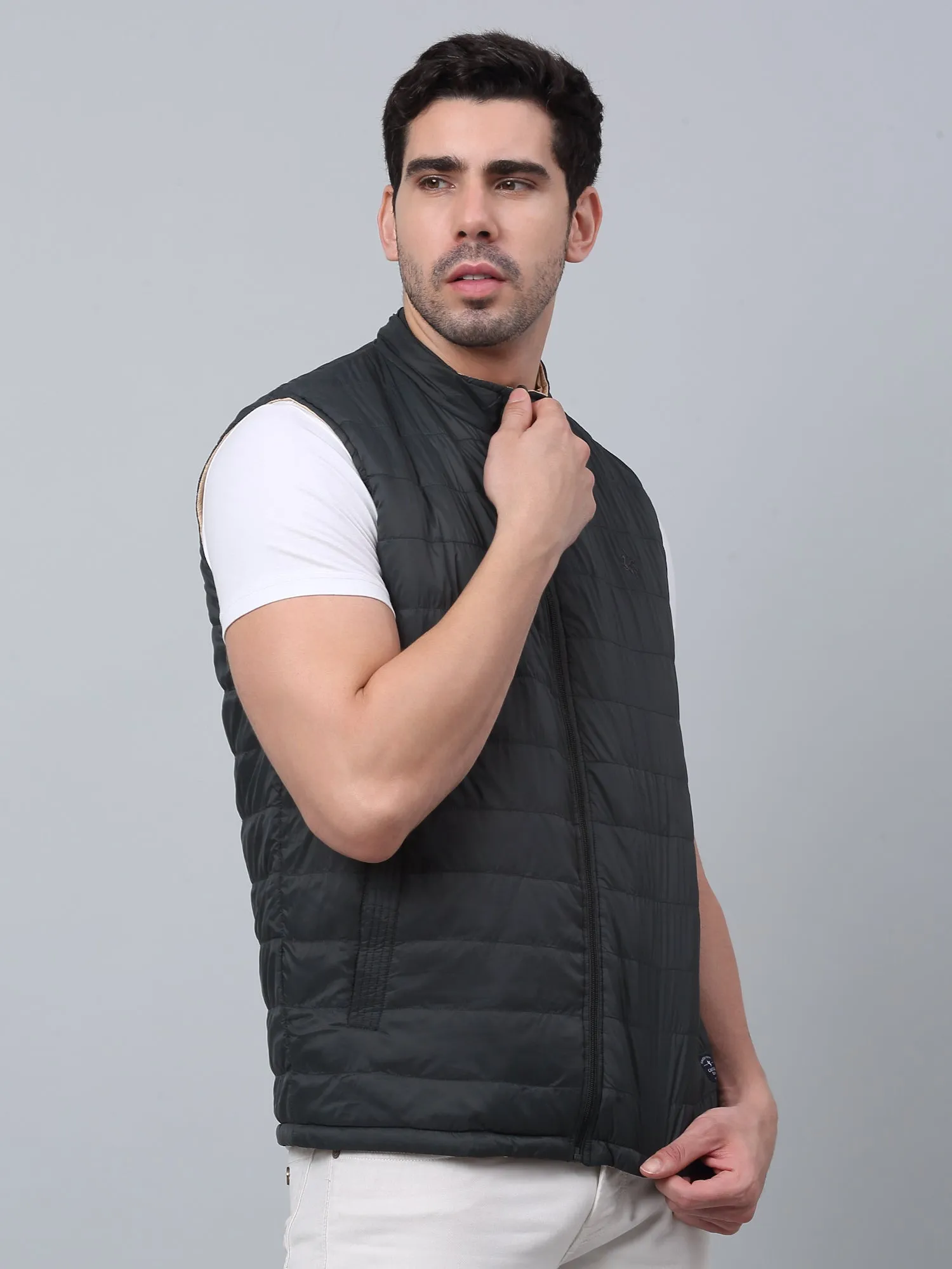 Solid Sleeveless Band Collar Regular Fit Olive Casual Reversible Jacket For Men