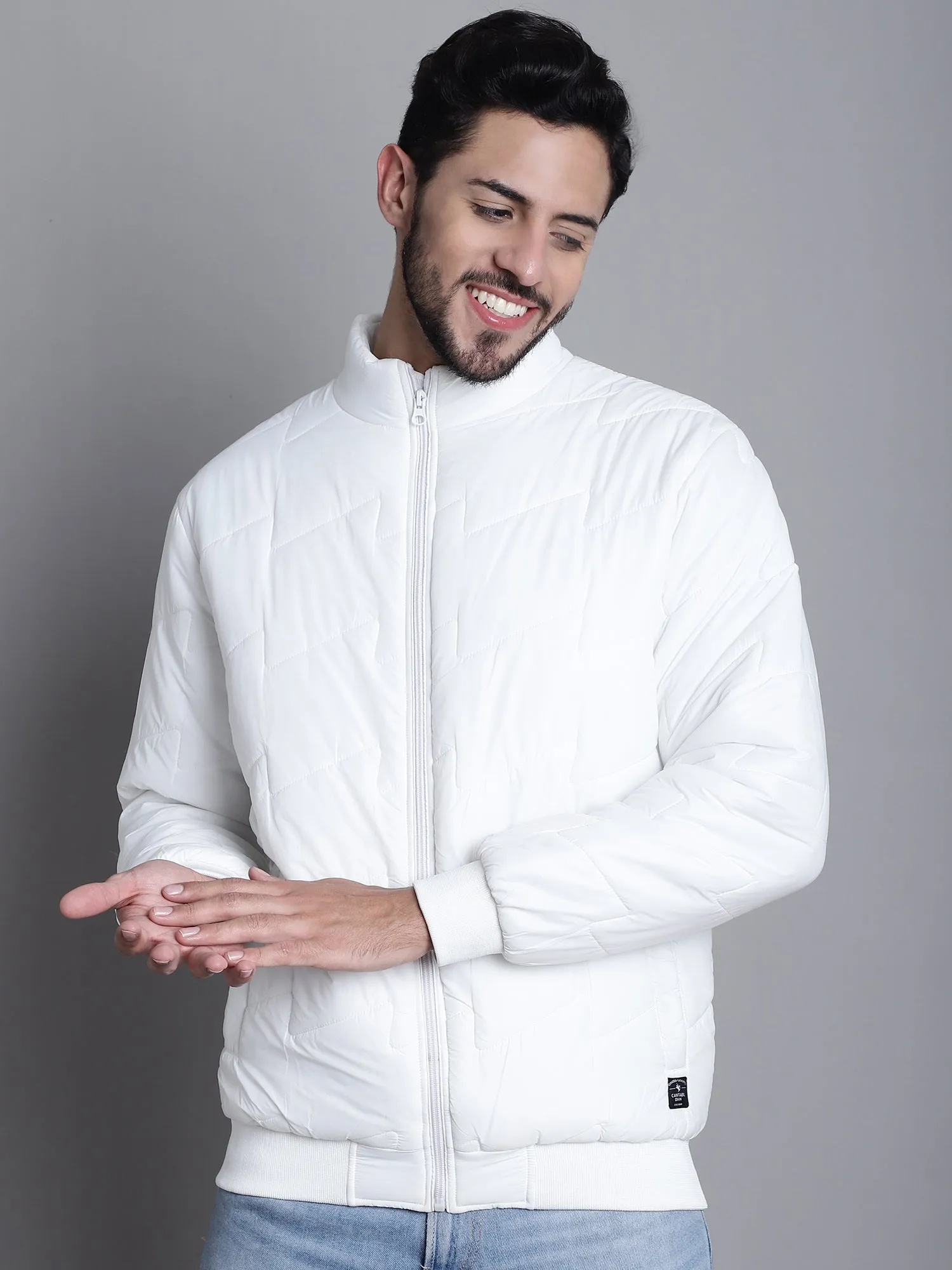 Solid White Full Sleeves Mock Collar Regular Fit Mens Casual Jacket