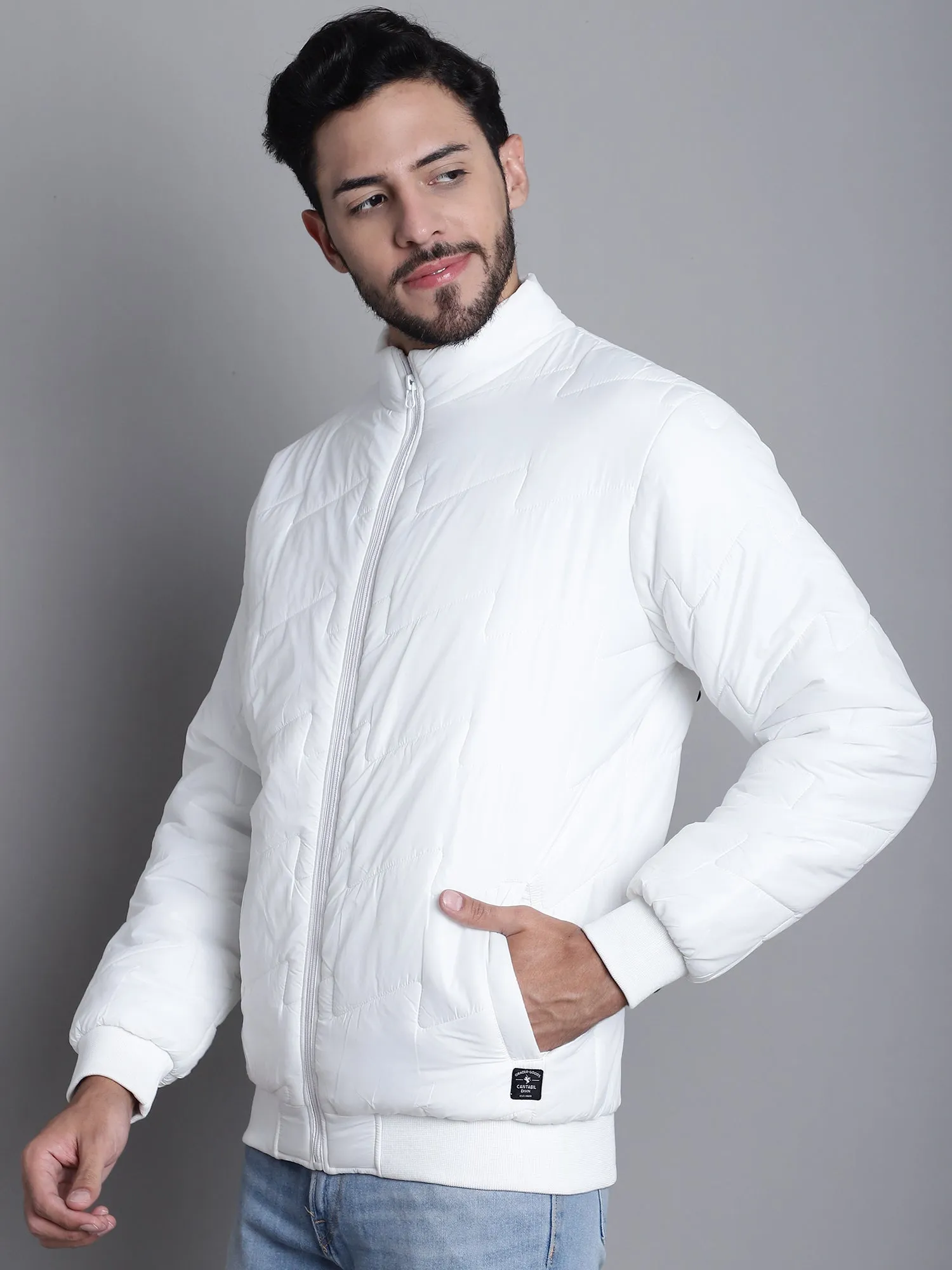 Solid White Full Sleeves Mock Collar Regular Fit Mens Casual Jacket