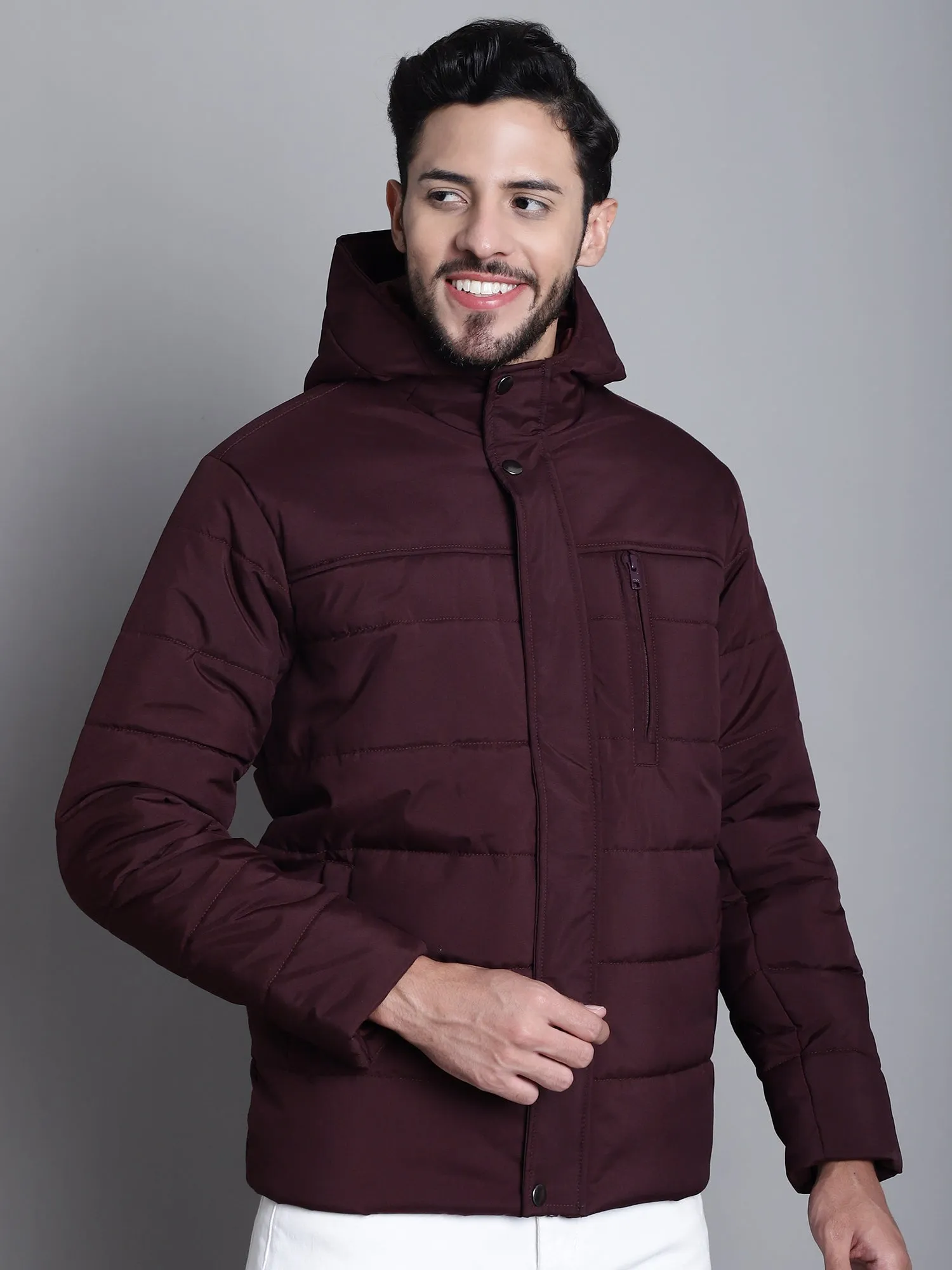 Solid Wine Full Sleeves Hooded Neck Regular Fit Casual Jacket For Men