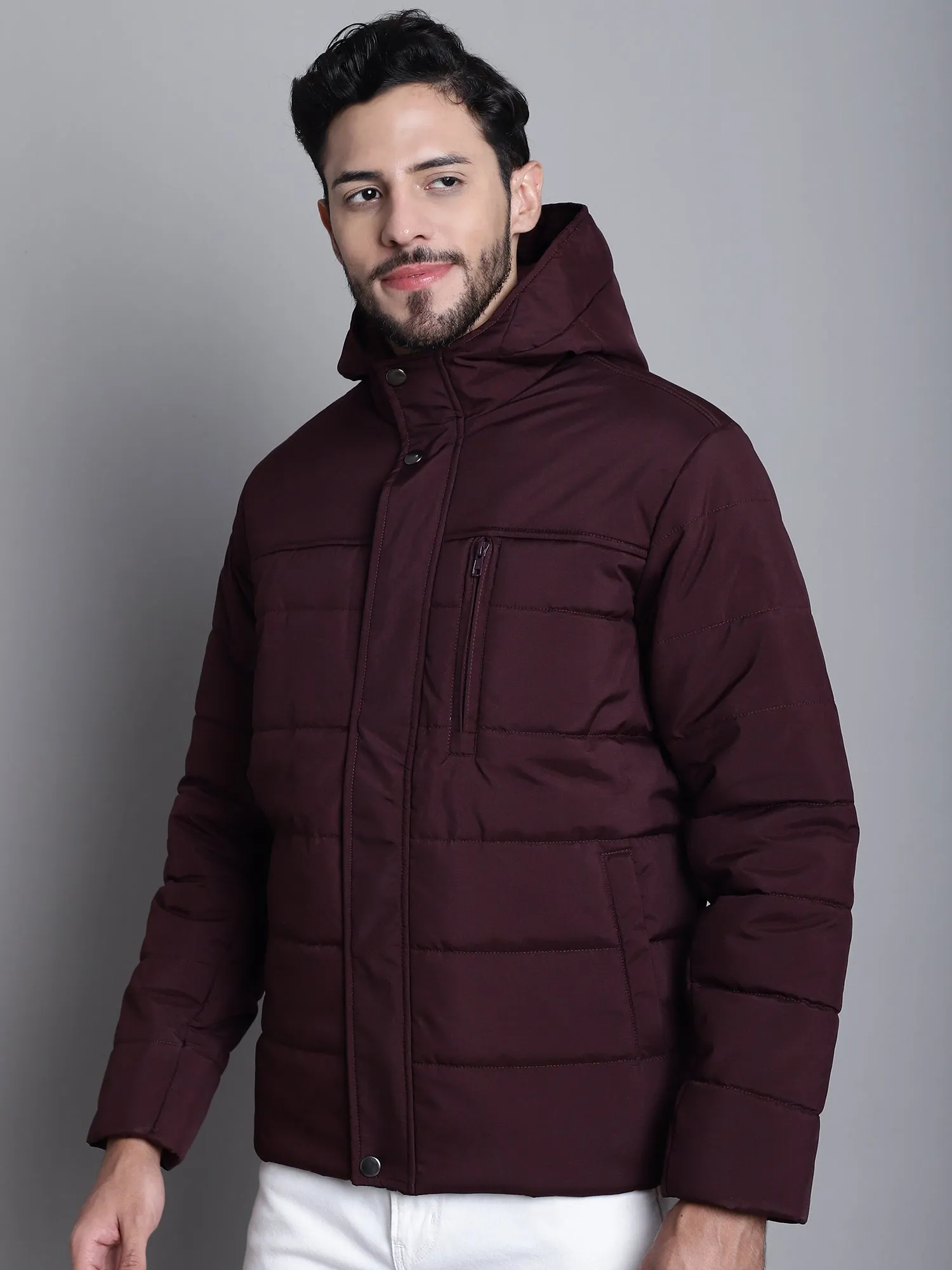 Solid Wine Full Sleeves Hooded Neck Regular Fit Casual Jacket For Men