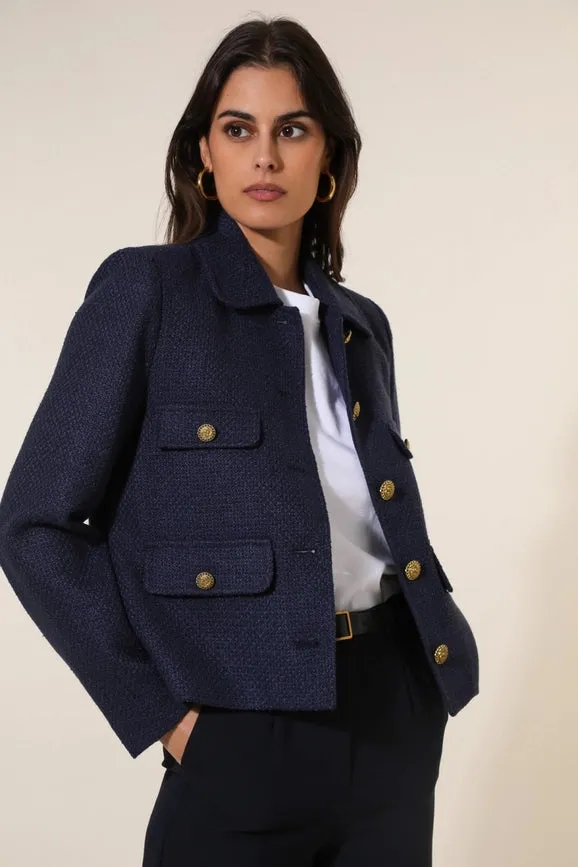 Straight Cut Plain Tweed Jacket Navy Blue