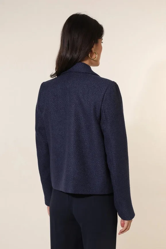 Straight Cut Plain Tweed Jacket Navy Blue