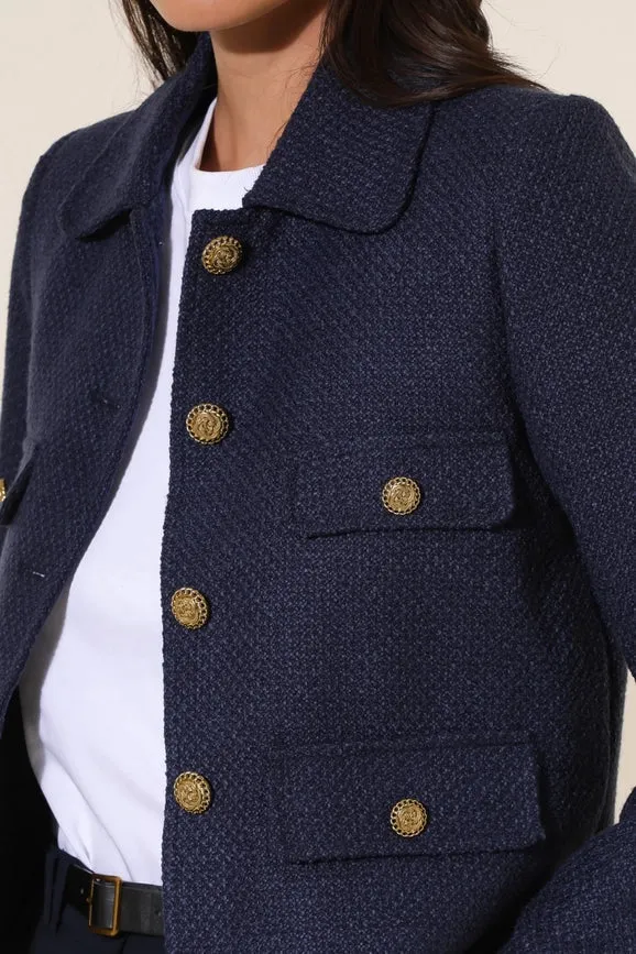 Straight Cut Plain Tweed Jacket Navy Blue