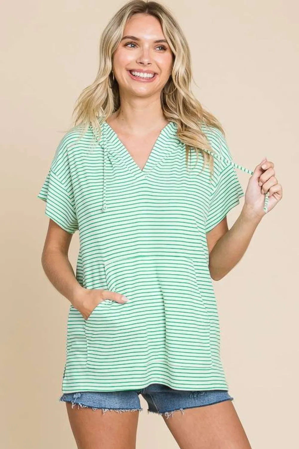 Striped Short Sleeve Hooded Top