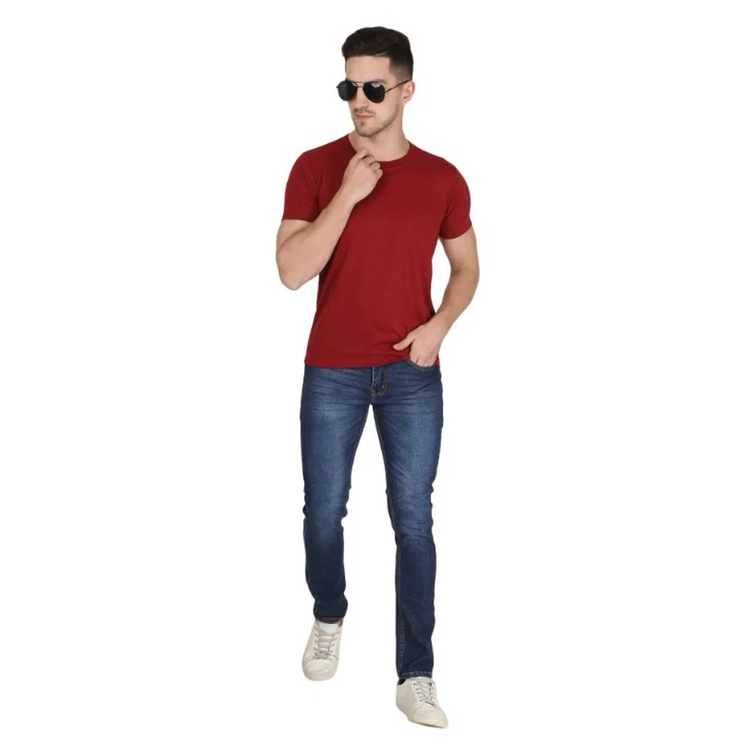 Stunning Maroon Cotton Solid Round Neck Tees For Men