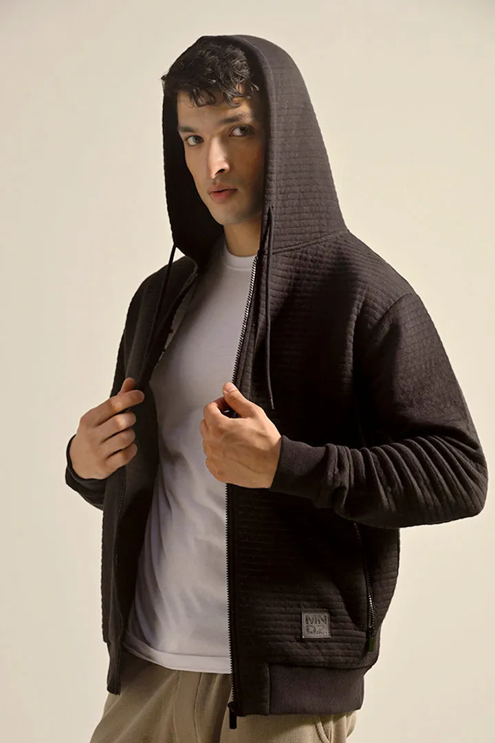 Textured Zipper Hoodie - Black