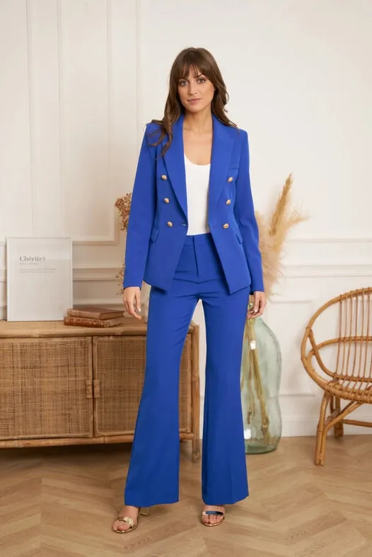 Timeless Fitted Double-Breasted Suit Jacket with Gold Buttons  Royal blue