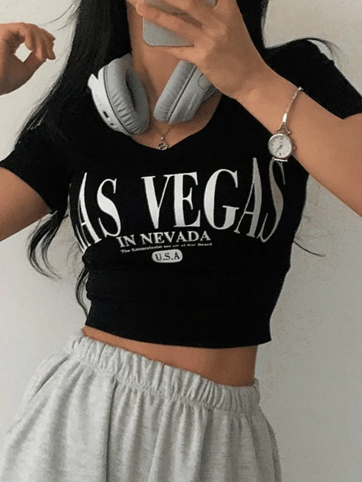 V Neck Letter Print Short Sleeved Tee