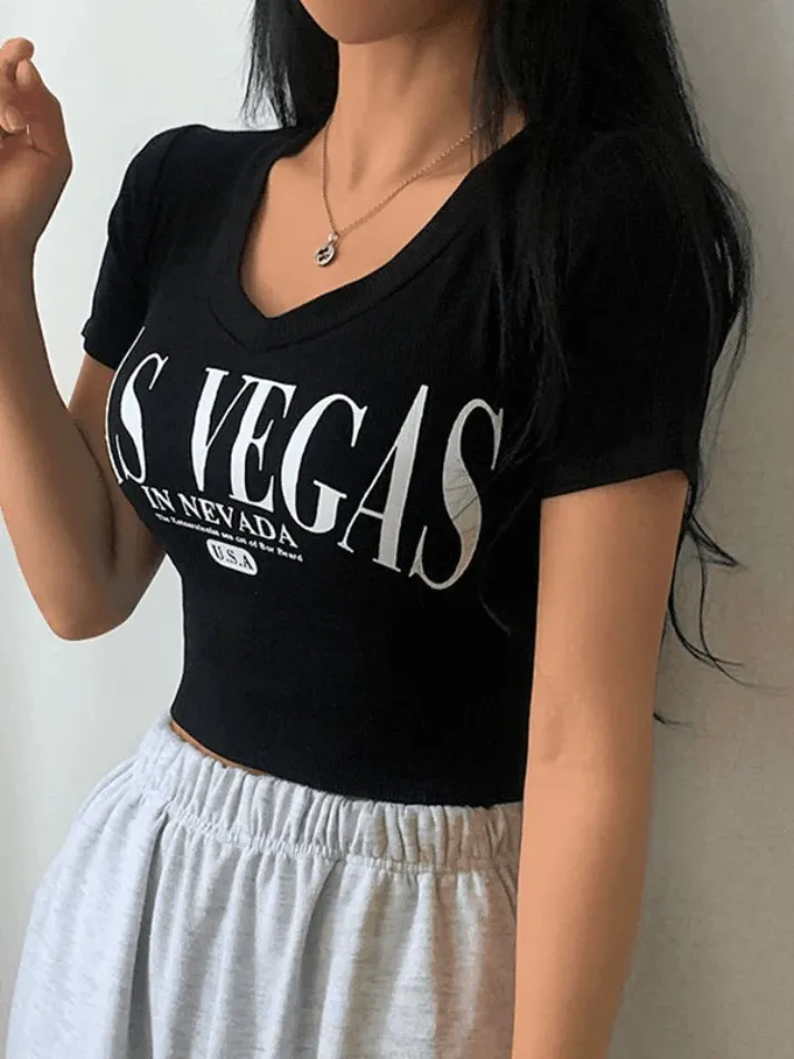 V Neck Letter Print Short Sleeved Tee