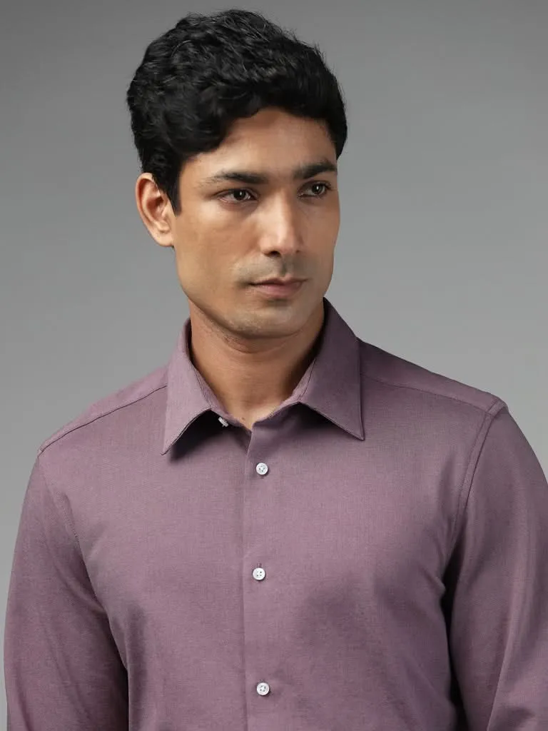 WES Formals Plain Plum Cotton Blend Slim-Fit Shirt