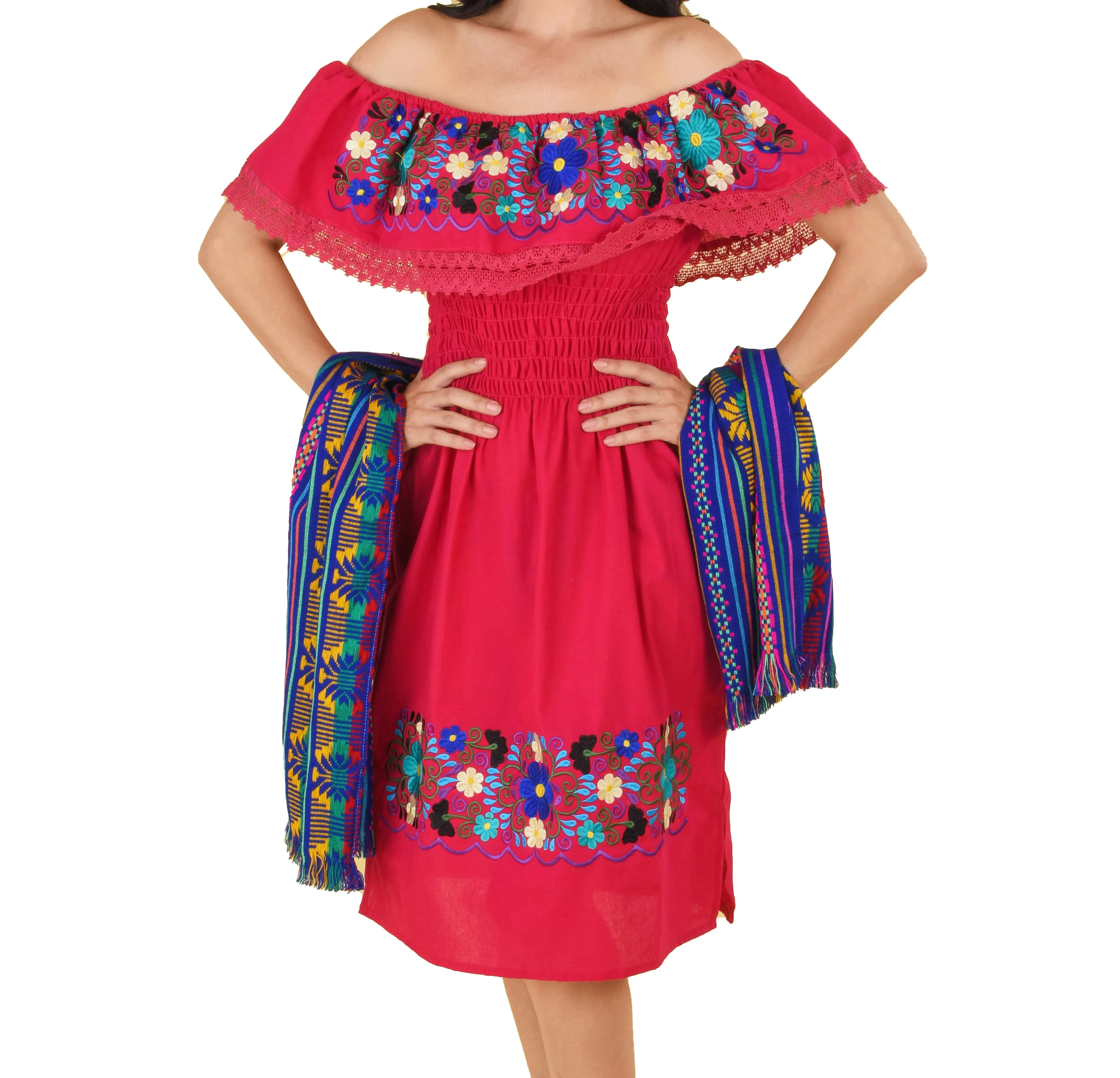 Womens Traditional Embroidered Manta Off Shoulder Dress Floral Red